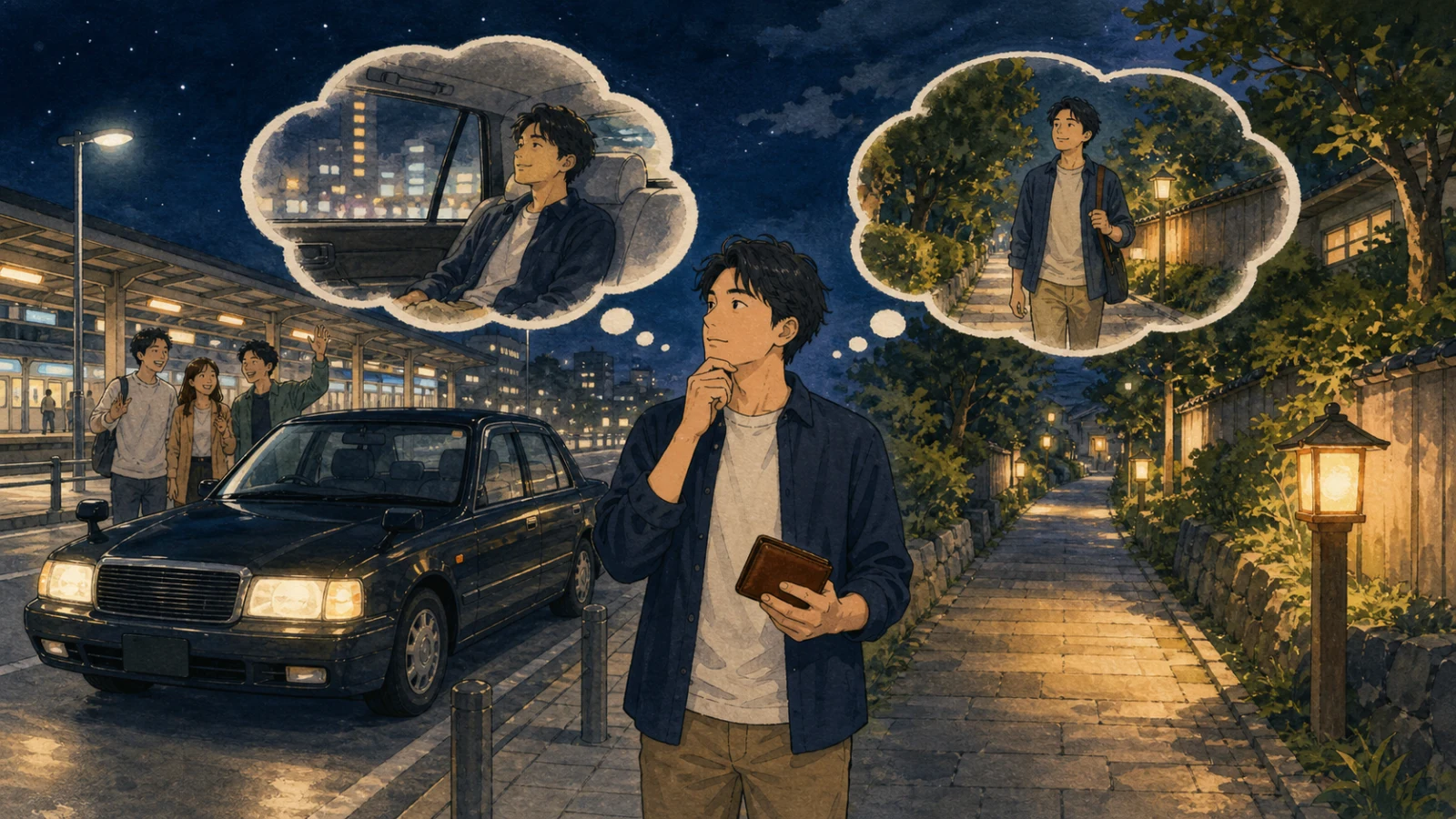 夜の駅で、タクシーに乗るか歩いて帰るかを考える人のイラスト