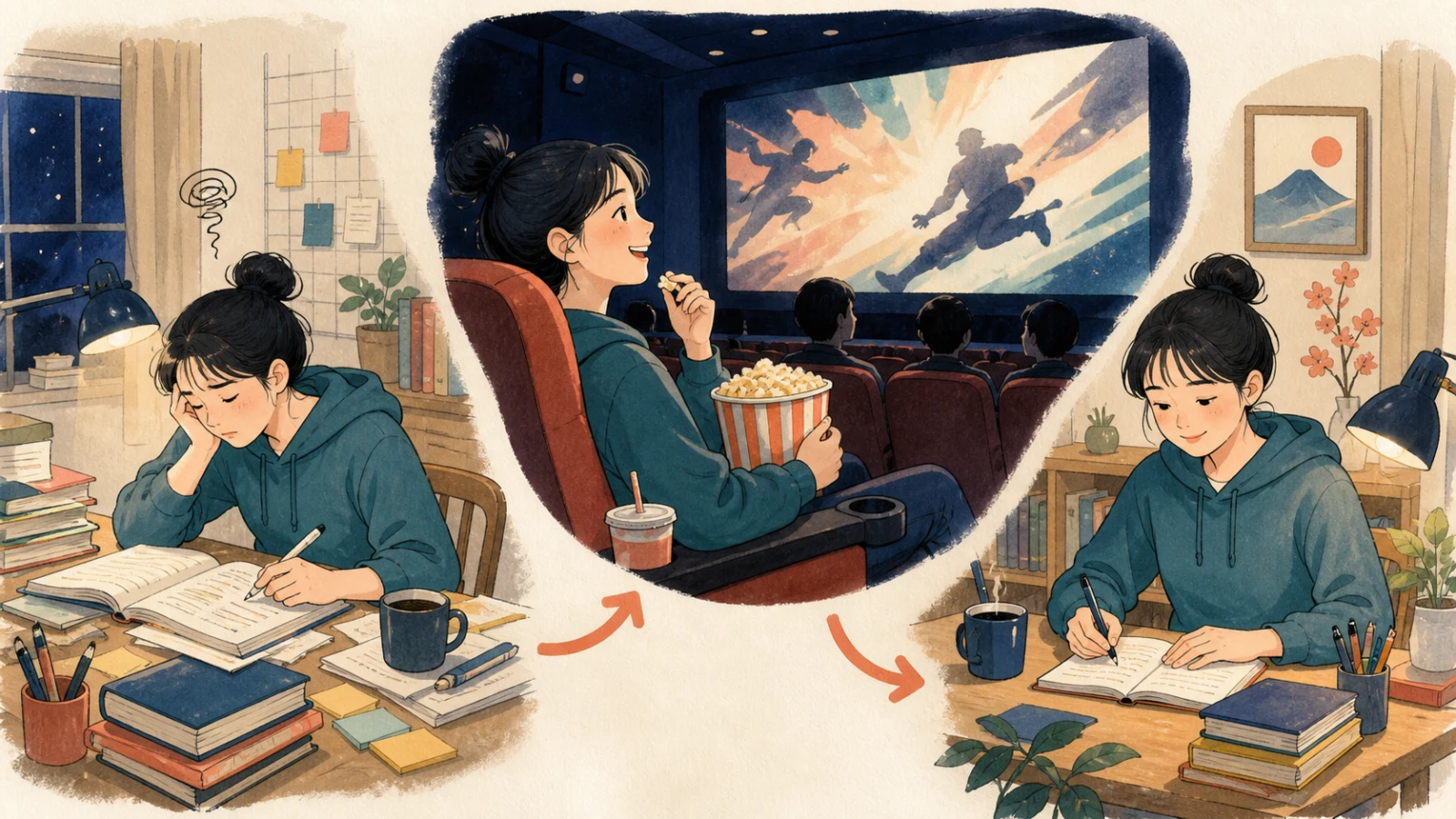 テスト勉強に疲れ、映画館で気分転換してから家で勉強を再開する学生のイラスト