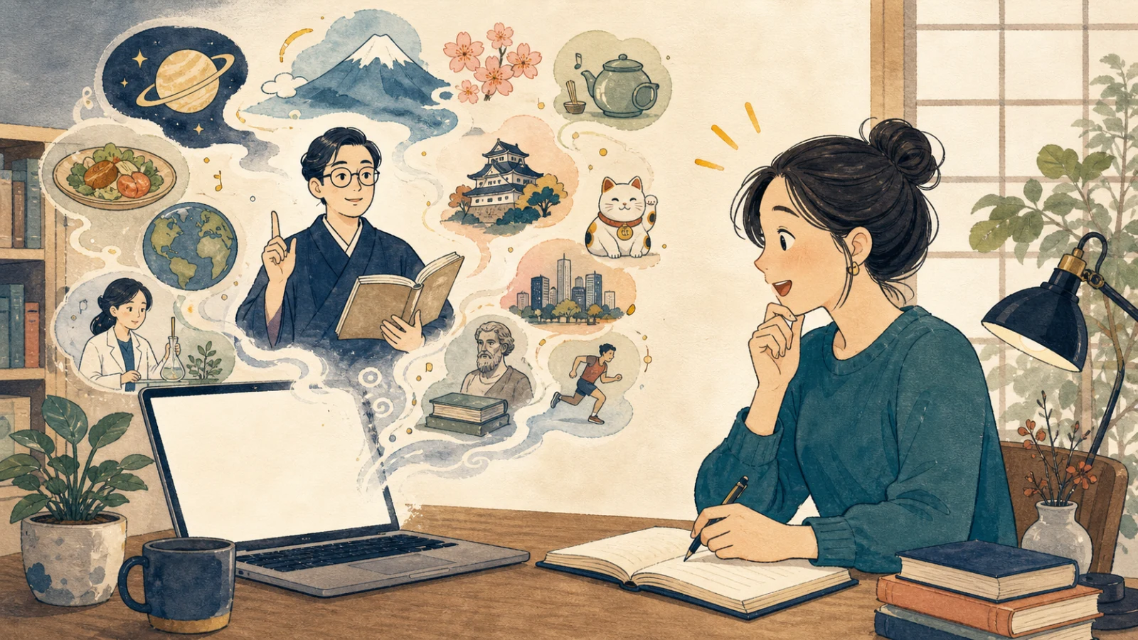 AIへの質問を工夫しながらパソコンで学ぶ学習者のイラスト