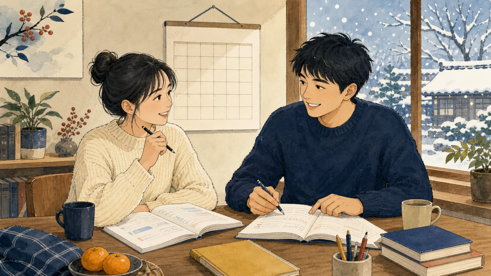 雪の降る冬に、来年も一緒に日本語を勉強しようと話す学習者二人のイラスト