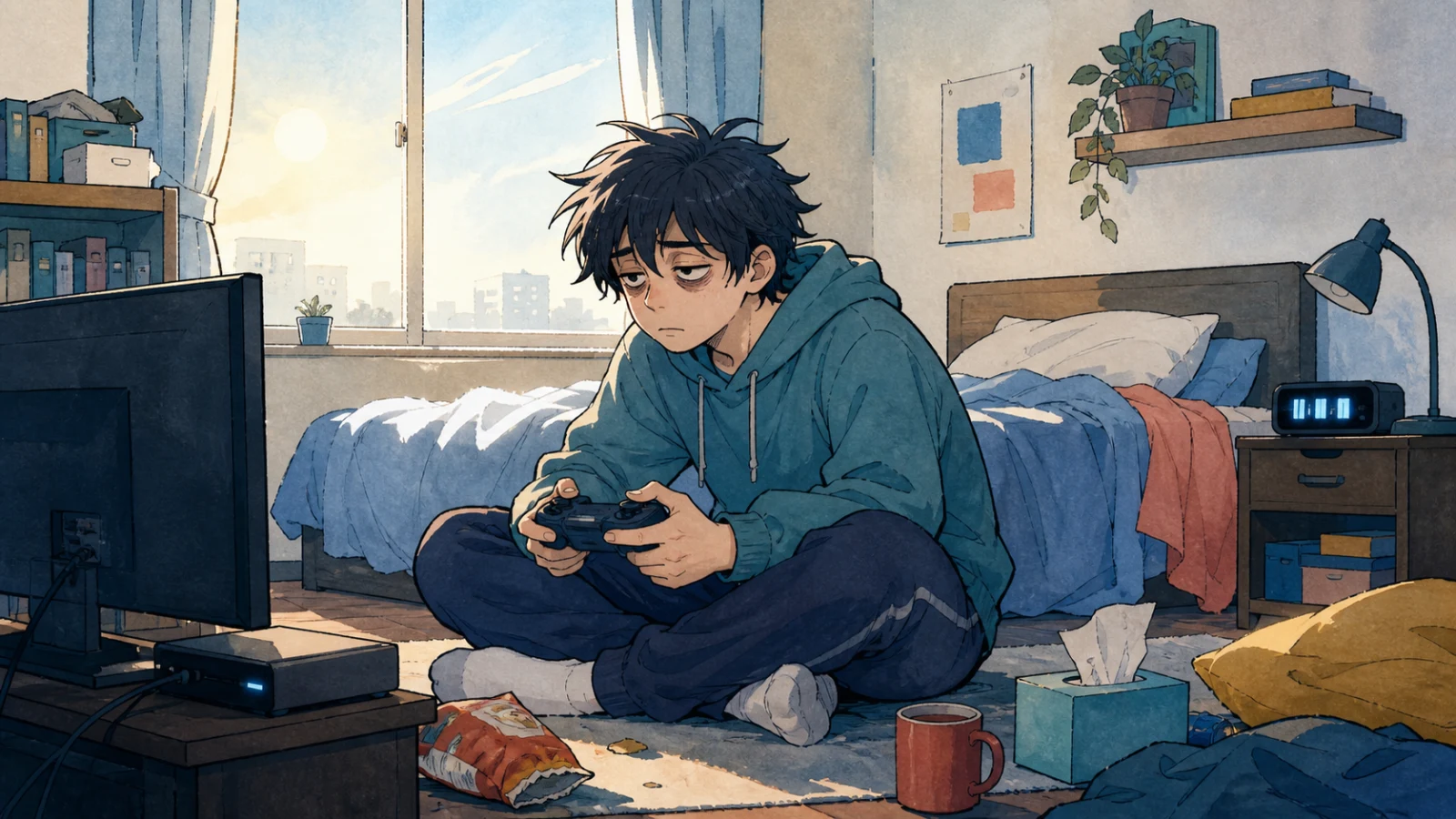 朝日が差す部屋で、寝不足の学生が一人でゲームを続けているイラスト