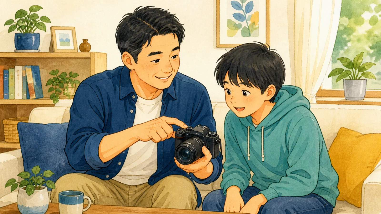 父が子供にカメラを貸し、使い方を教えているイラスト