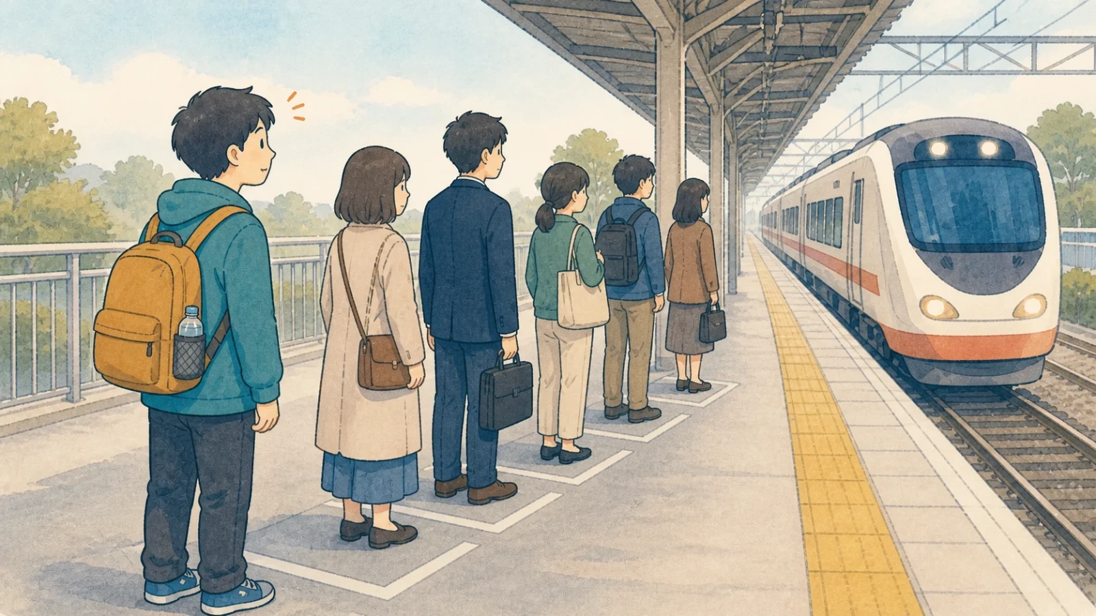 駅のホームで電車を待つ人々が一列に並び、その列の後ろに主人公が並ぶイラスト