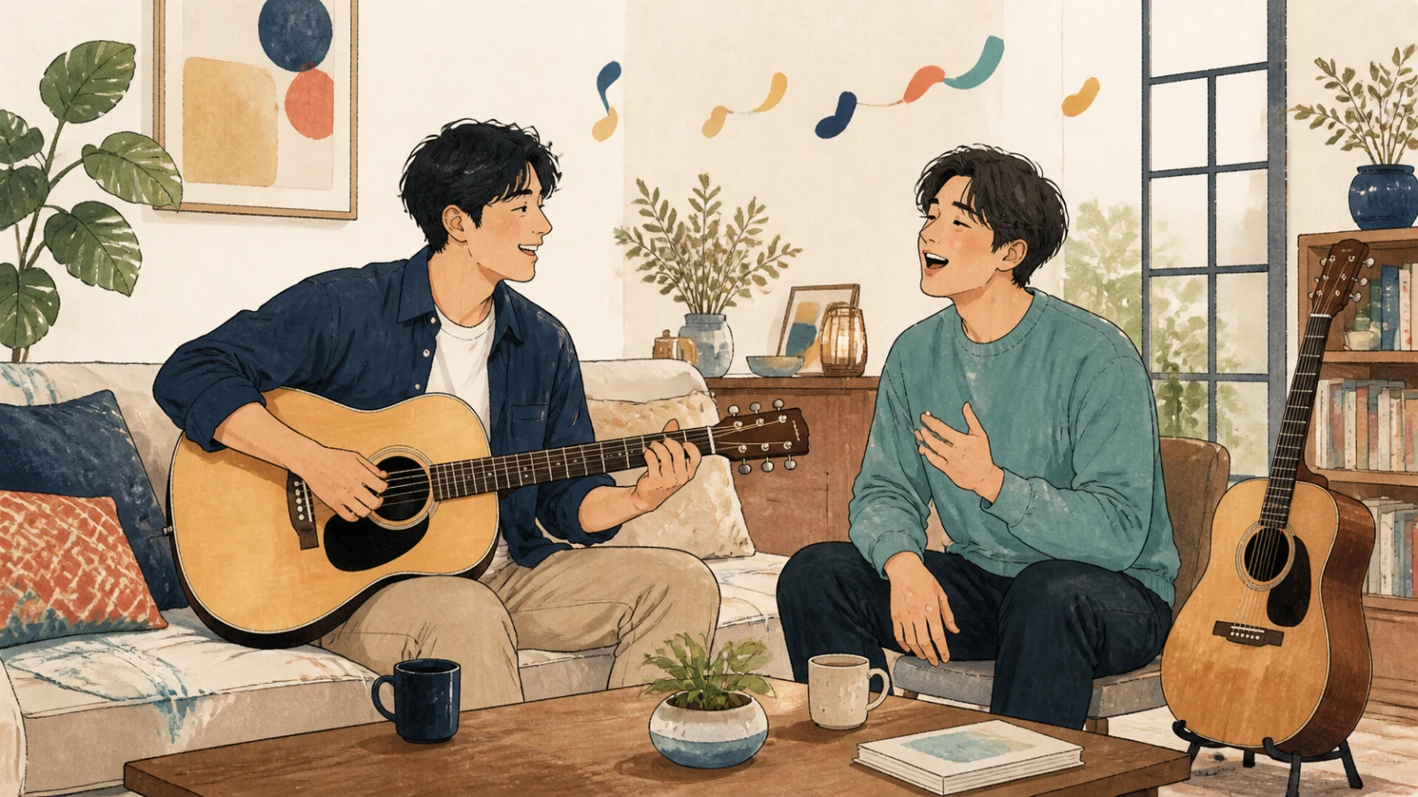 家のリビングでギターを弾きながら歌い、一緒に練習する友達二人のイラスト