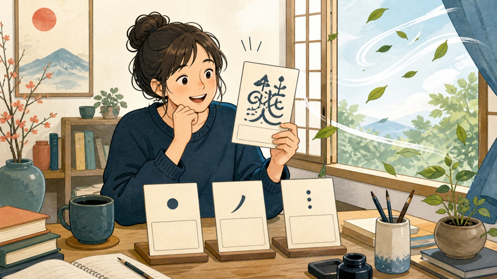 文字の形と風に舞う葉を見比べながら、漢字を楽しく覚える学習者のイラスト