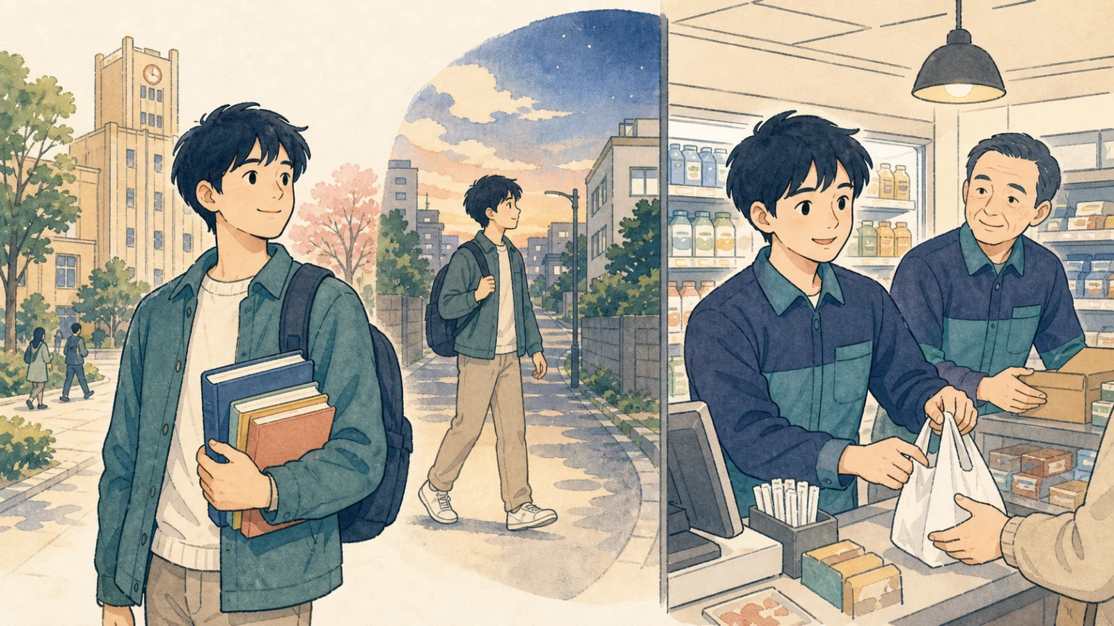 大学で勉強したあと、近くのコンビニで優しい店長と働く留学生のイラスト