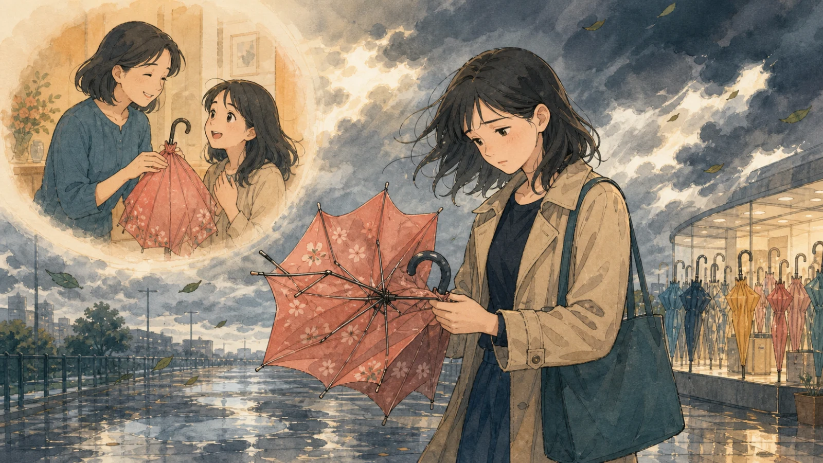 強い風で壊れた、母から誕生日にもらったお気に入りの傘を悲しそうに見つめる人のイラスト
