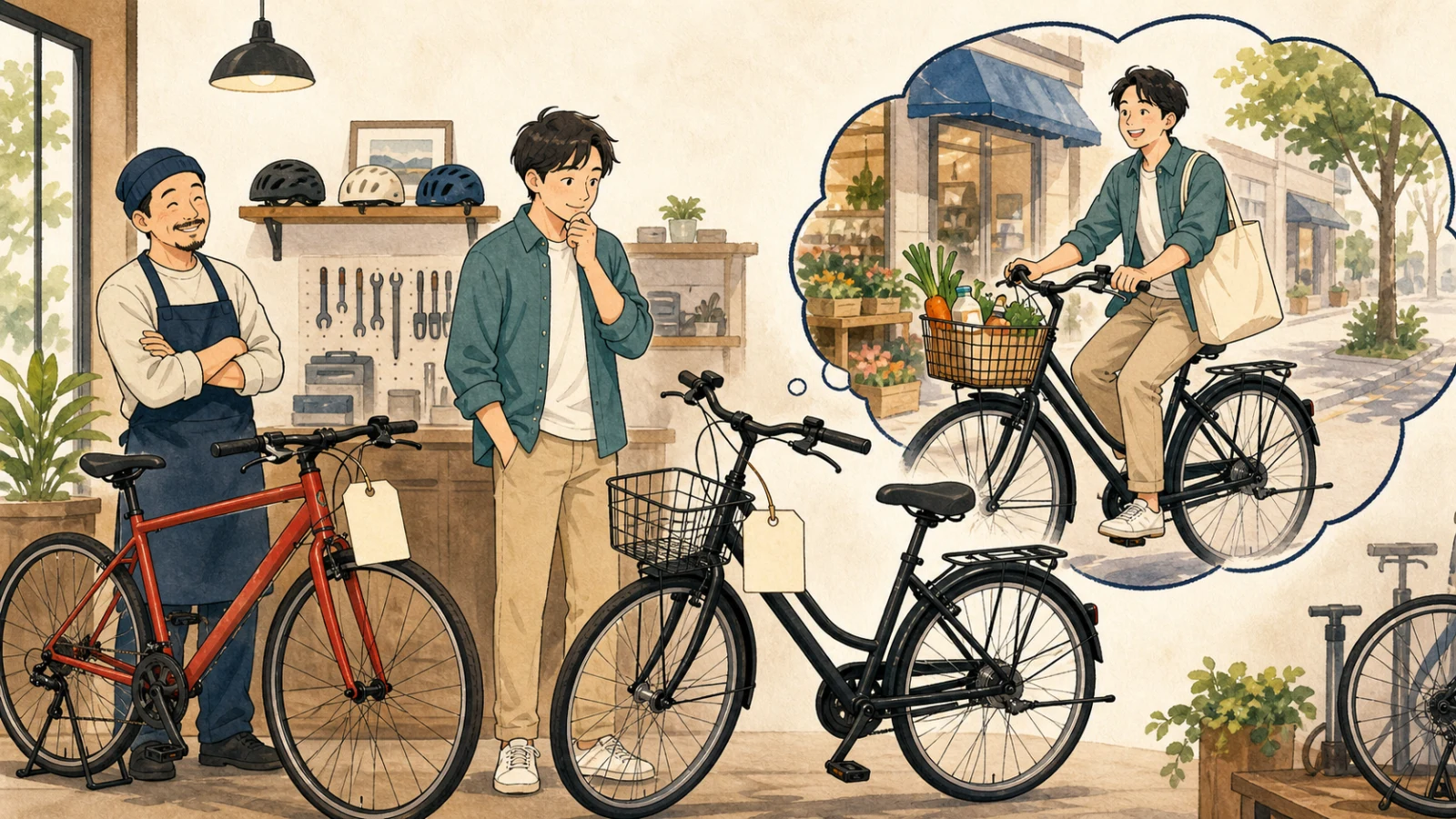 自転車店で赤い自転車と黒い自転車を比べ、買い物に使う黒い自転車を選ぶ人のイラスト