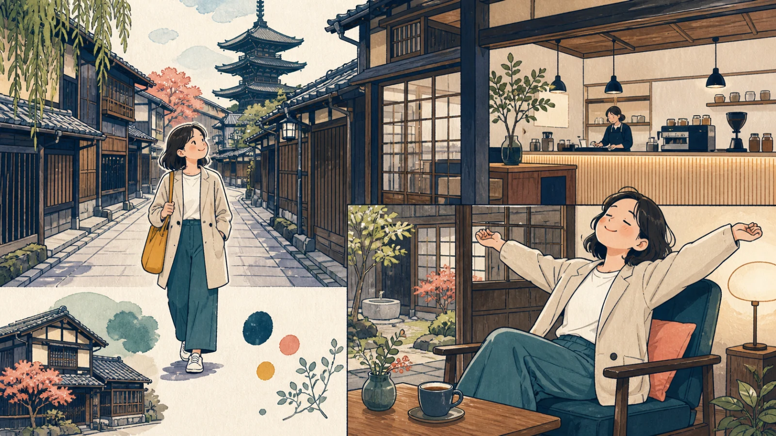 京都の古い町並みを散歩し、町家を使った現代的な喫茶店でくつろぐ人のイラスト
