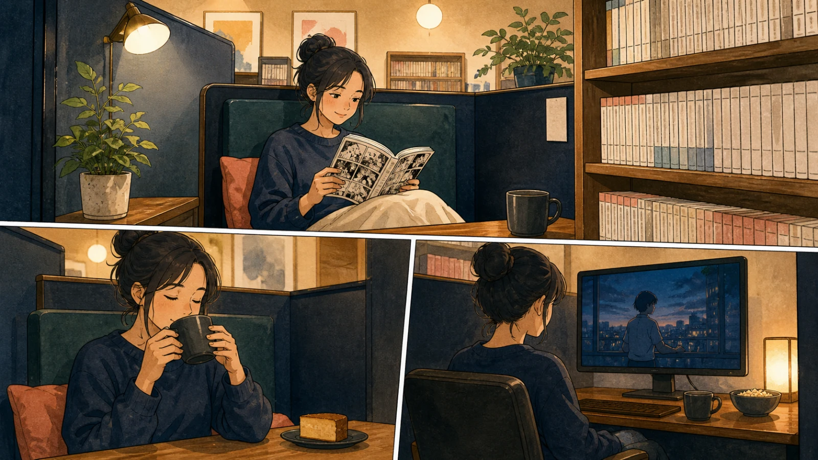休みの日にマンガ喫茶の個室でマンガやコーヒー、映画を楽しむ人のイラスト
