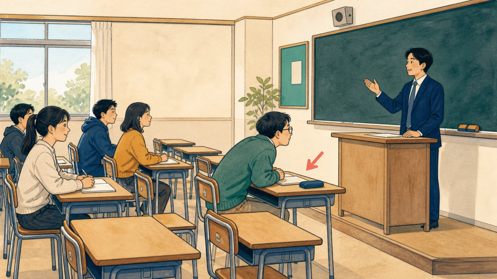古いメガネをかけた学生が教室の一番前の席に座り、黒板を見ているイラスト