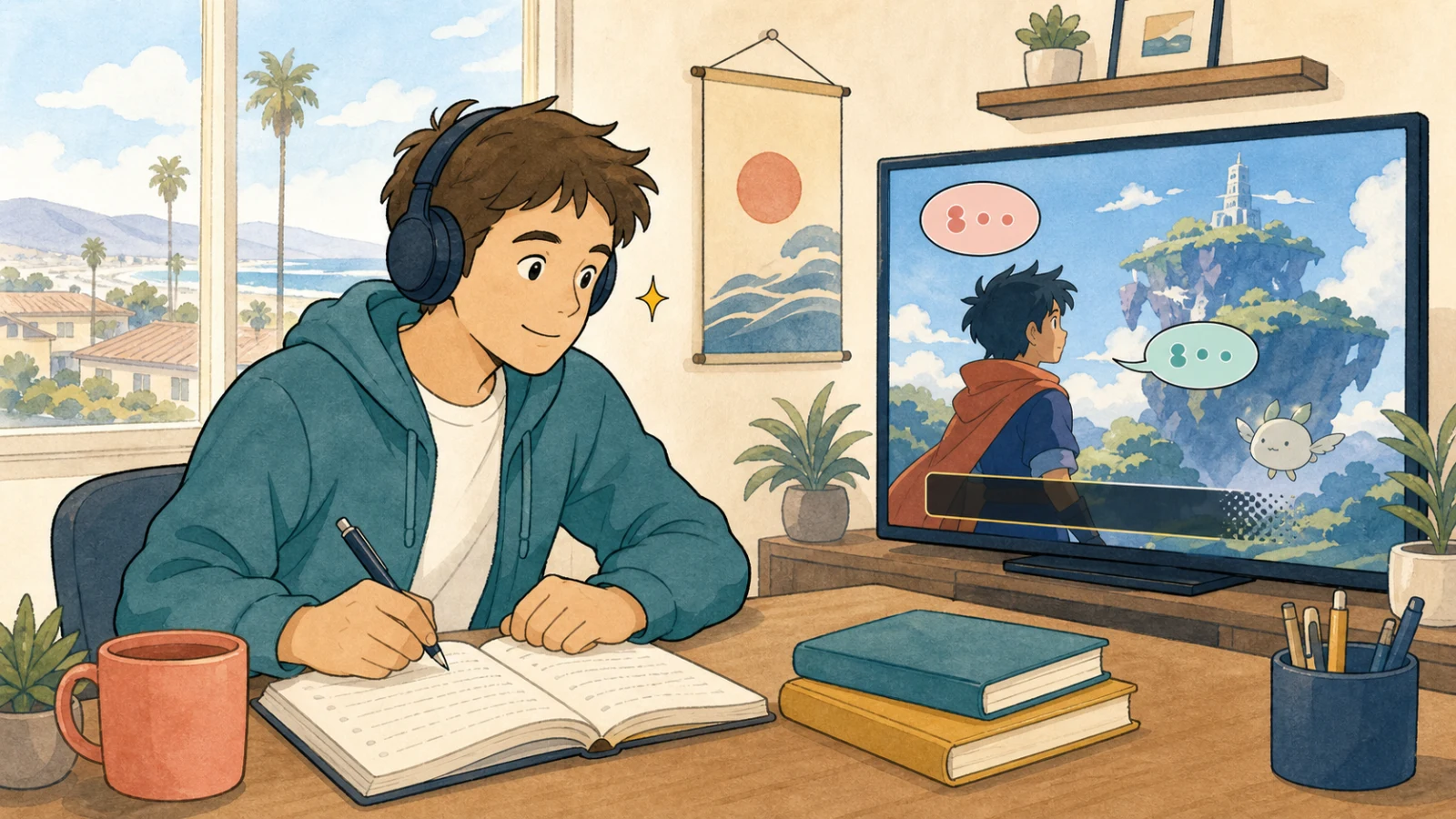 日本語でアニメを理解するため、映像を見ながら毎日日本語を勉強する学習者のイラスト