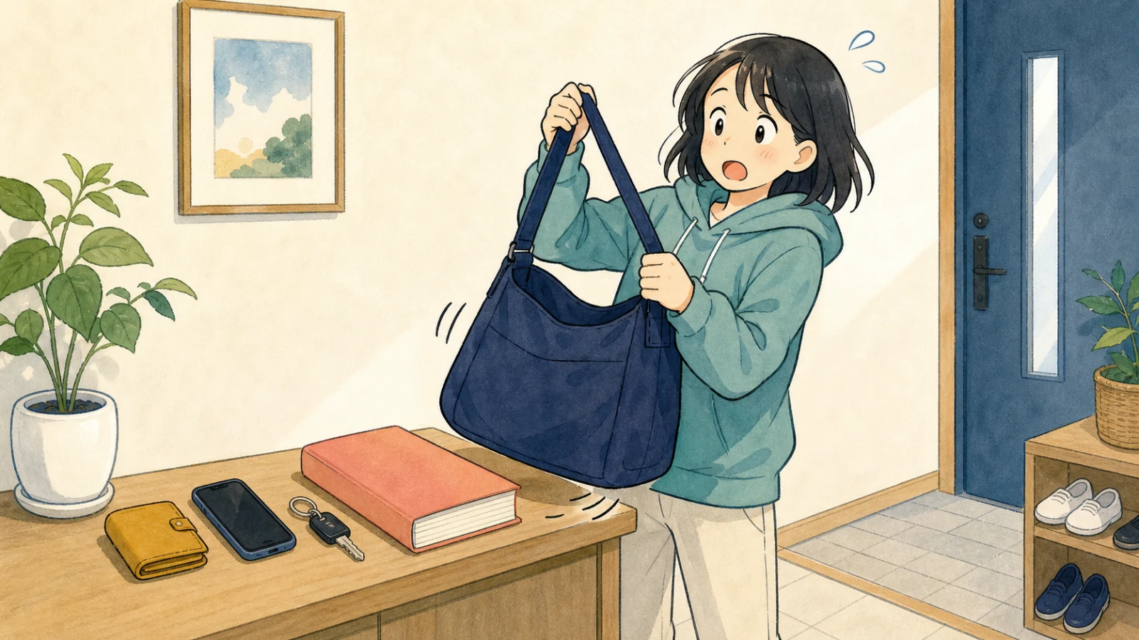 財布、スマホ、鍵、教科書を入れた新しいかばんを持ち上げ、その重さに驚く学生のイラスト