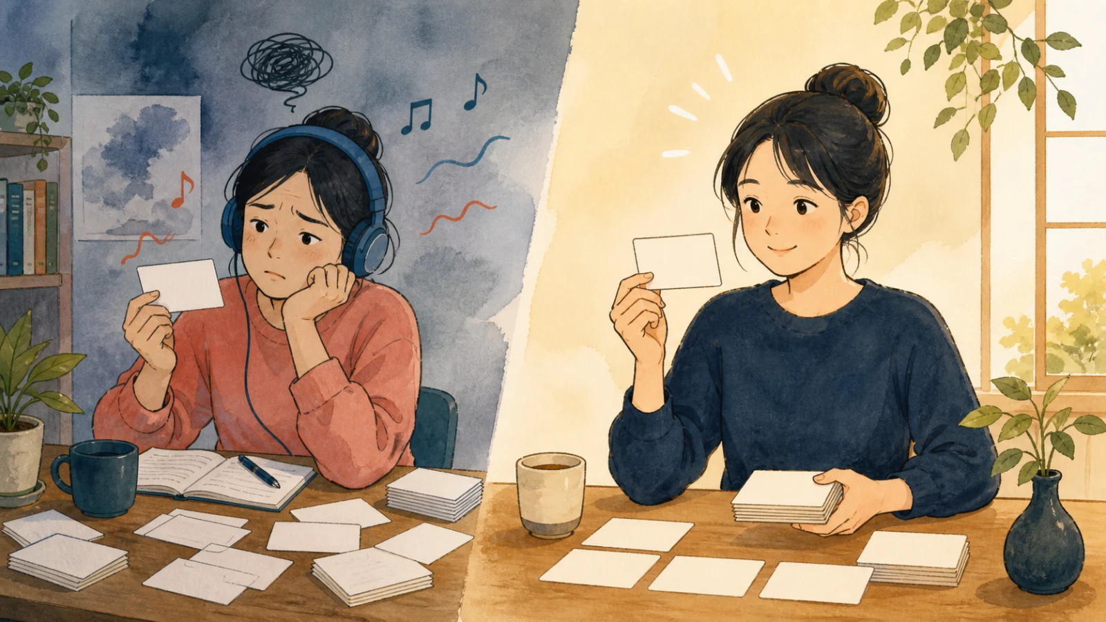 音楽を聞きながらの勉強と静かな勉強を比べ、単語を覚えやすい方法に気づく人のイラスト