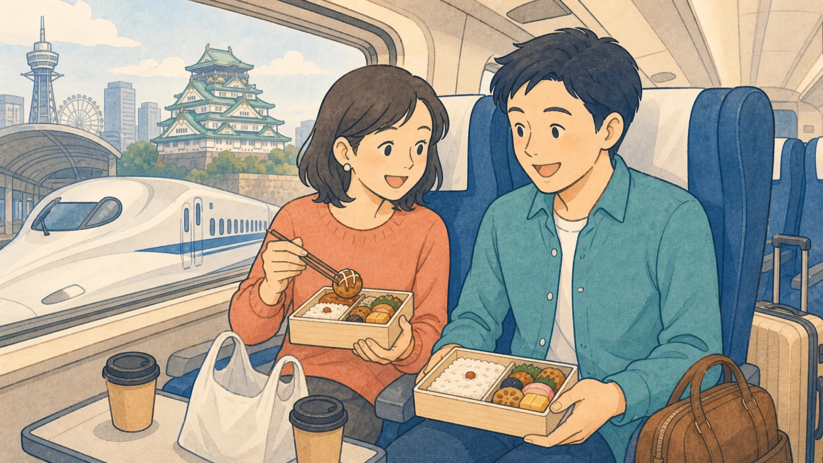 飛行機と新幹線、たこ焼き、駅弁を前に大阪旅行の計画を話し合う夫婦のイラスト