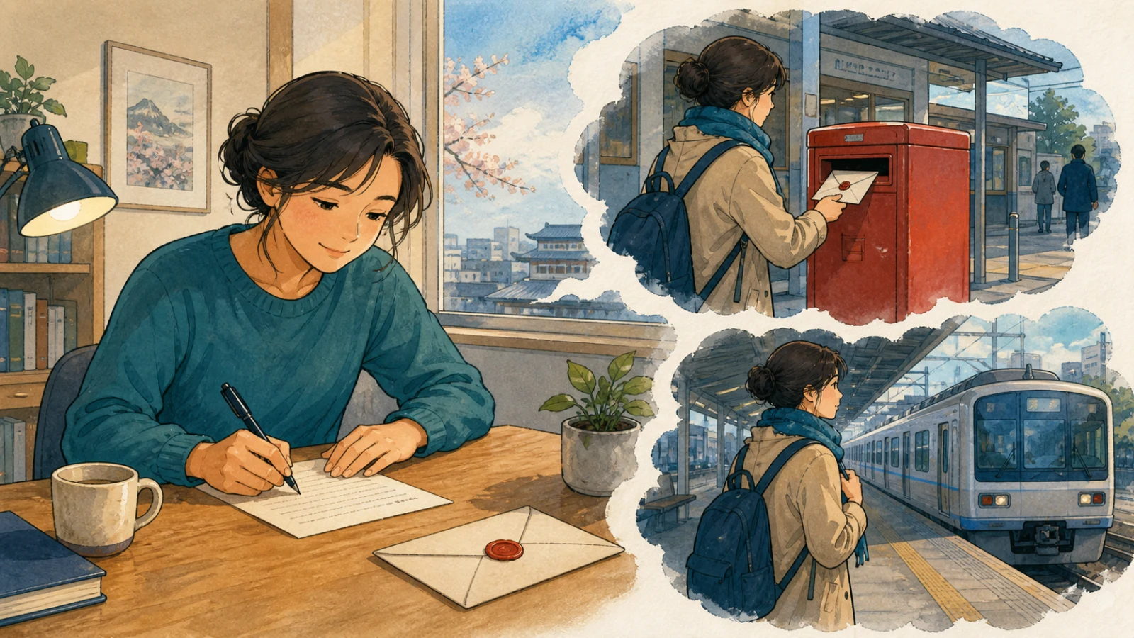 日本で頑張っていることを父に手紙で伝え、駅前の郵便ポストから送る人のイラスト