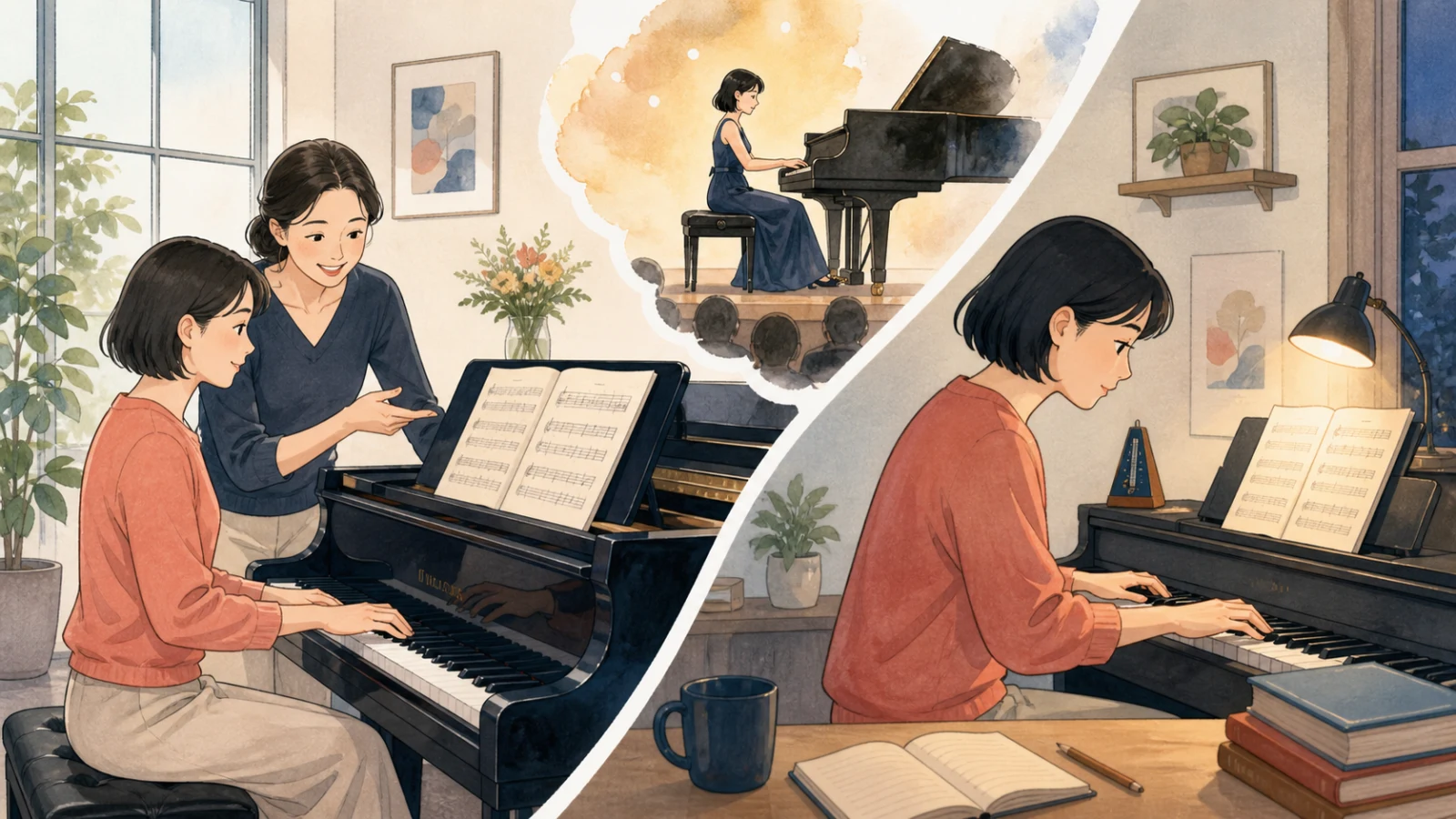 ピアノ教室で先生に習い、家でも上手になるために練習する学習者のイラスト