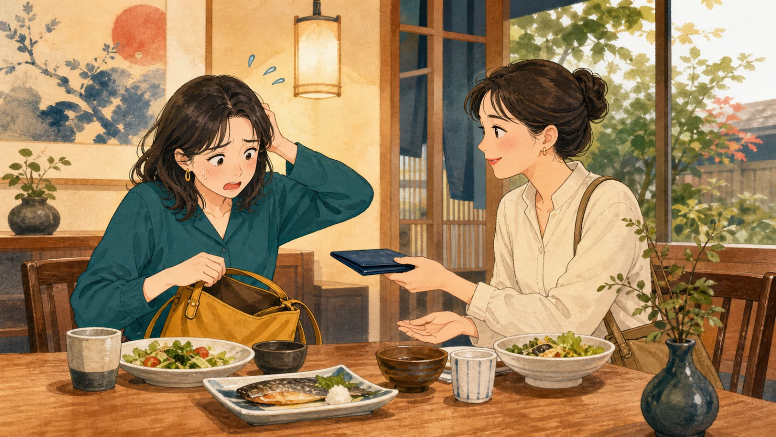 レストランで財布を忘れたことに気づいて謝り、友達に支払いを助けてもらう場面のイラスト