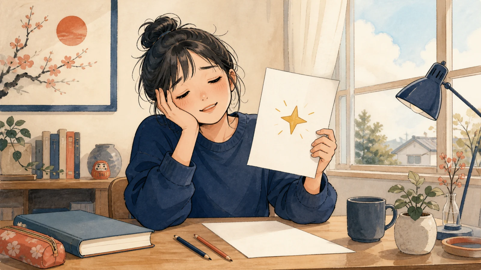 日本語のテストでよい結果を取り、うれしい一方で寝不足で眠そうな学生のイラスト