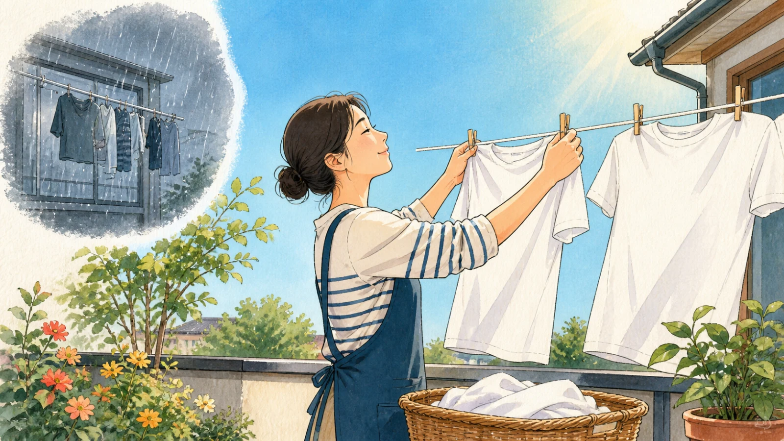 雨の翌日のよく晴れた空の下で、洗ったTシャツを気持ちよく干す人のイラスト