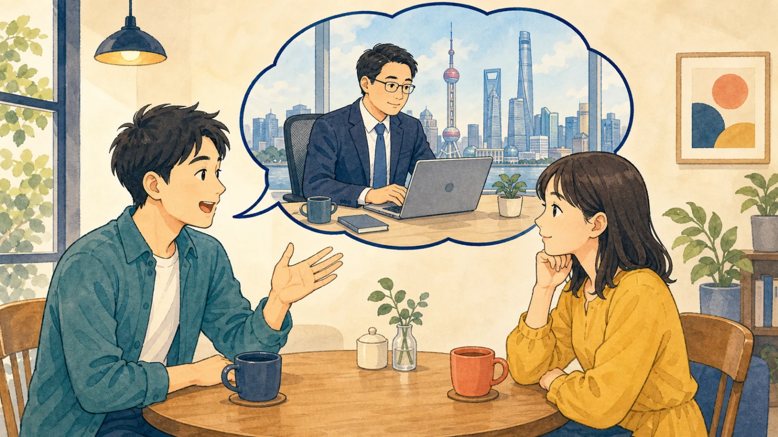 男性が友人の女性に、上海で働く兄について話しているイラスト