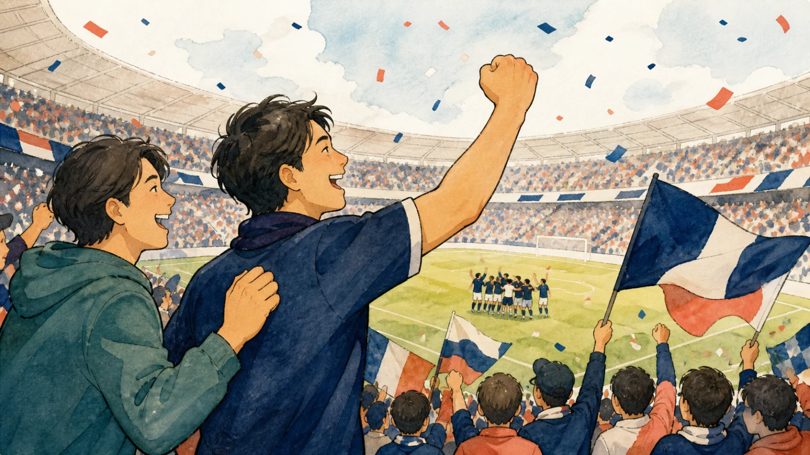 スタジアムで友達とサッカーを観戦し、好きなチームの勝利を喜ぶ人のイラスト