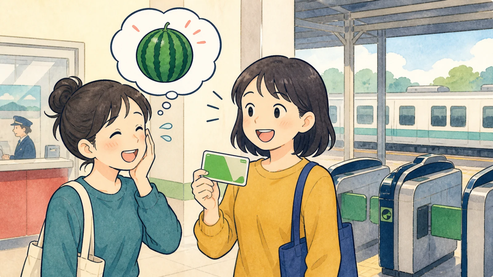 駅で友達が交通系ICカードを見せ、もう一人が果物のスイカを想像して笑うイラスト