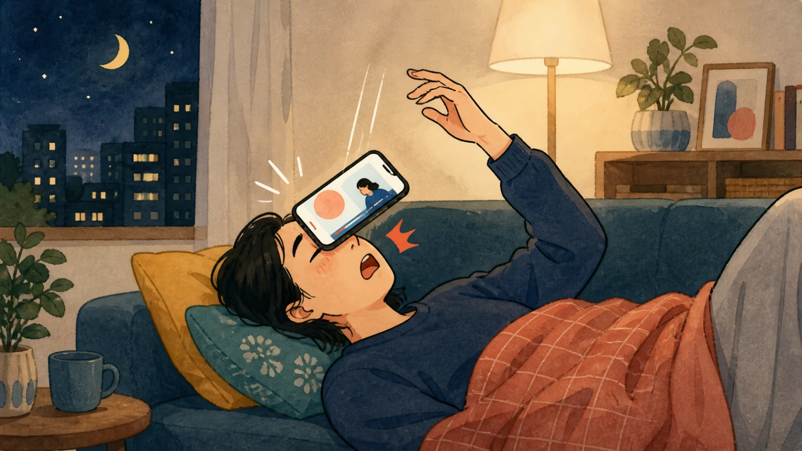 夜に寝転んで日本語動画を見ていると、スマートフォンが顔に落ちて驚く人のイラスト