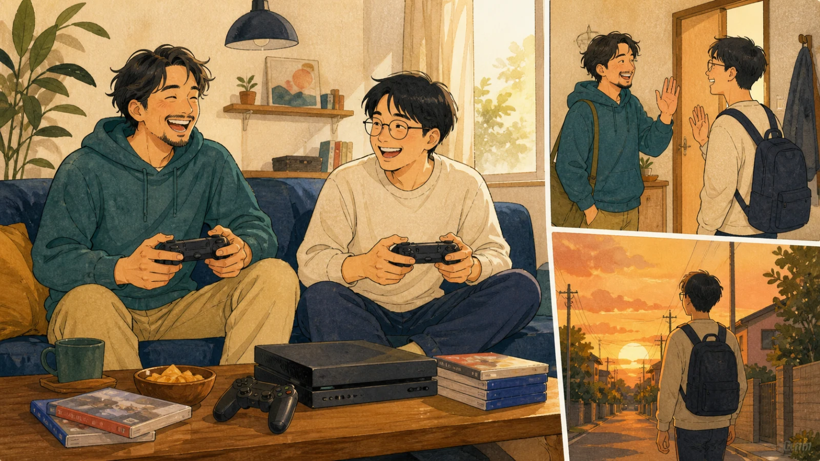 友達の家で一緒にゲームを楽しみ、夕方に帰る二人のイラスト