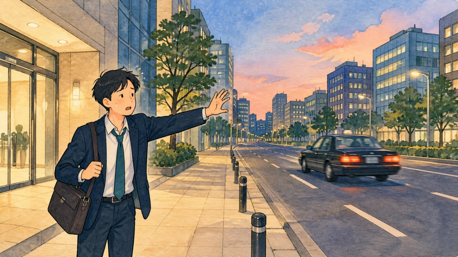 忙しい仕事のあと会社の外で手を上げるが、空のタクシーが止まらず走り去る場面のイラスト