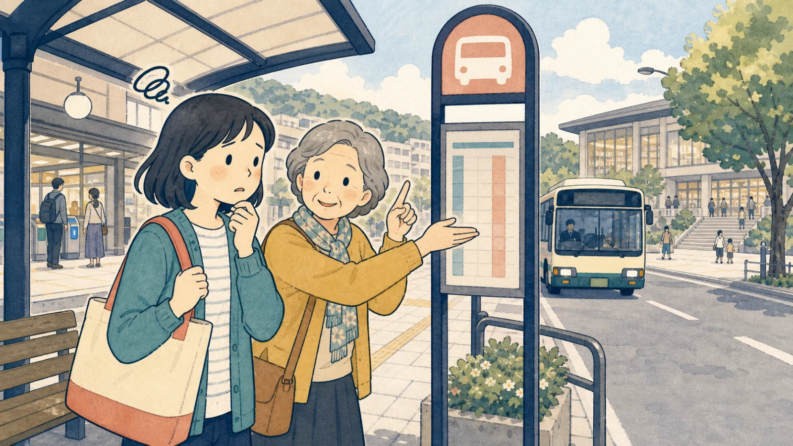 駅前のバス停でバスが来ず心配する人に、おばあさんが土曜日の時刻を教えるイラスト