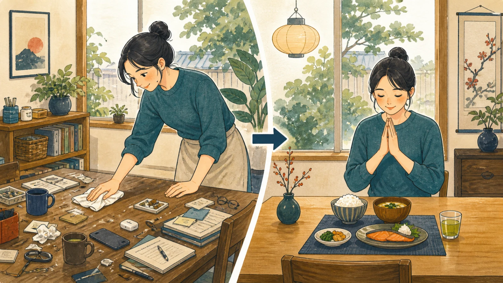 散らかった机をきれいに拭き、整った机で食事をおいしく味わう人のイラスト