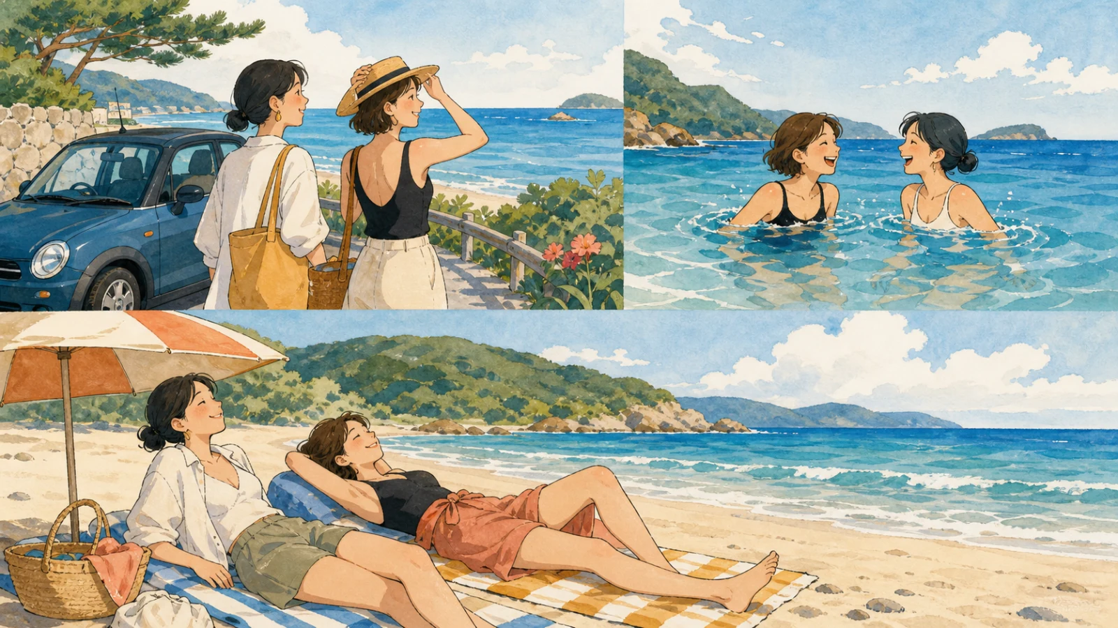 友達と車で青い海へ行き、泳いだあと浜辺で休む夏の日のイラスト