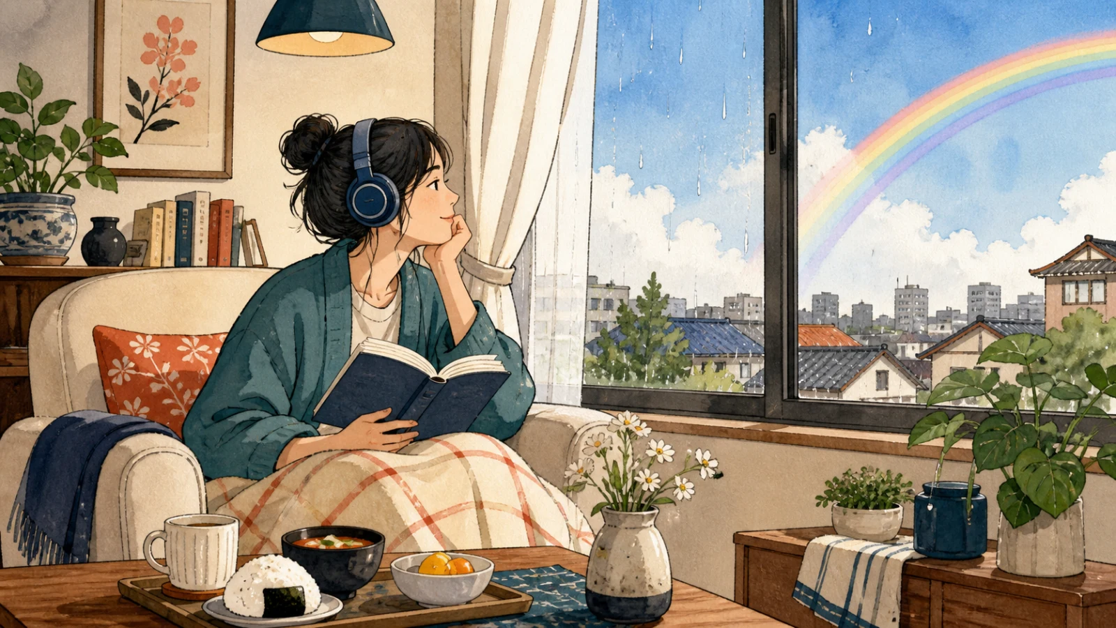 雨の間を家で本や音楽とともに過ごし、晴れた空の虹を見る人のイラスト