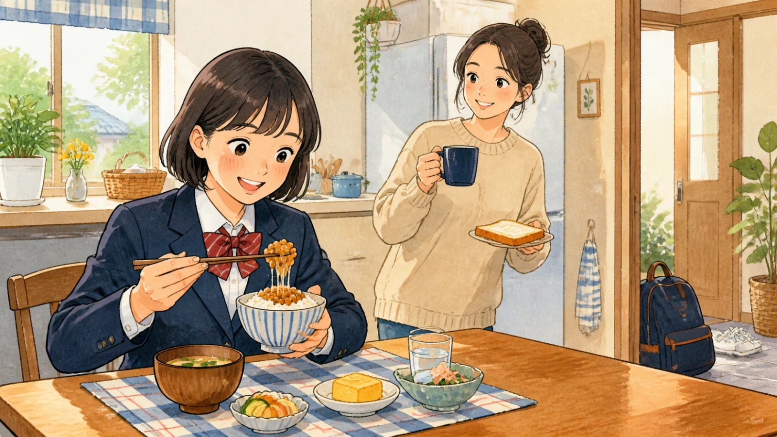 学校へ行く前になっとうご飯を食べ、姉はパンとコーヒーを楽しむ朝食のイラスト