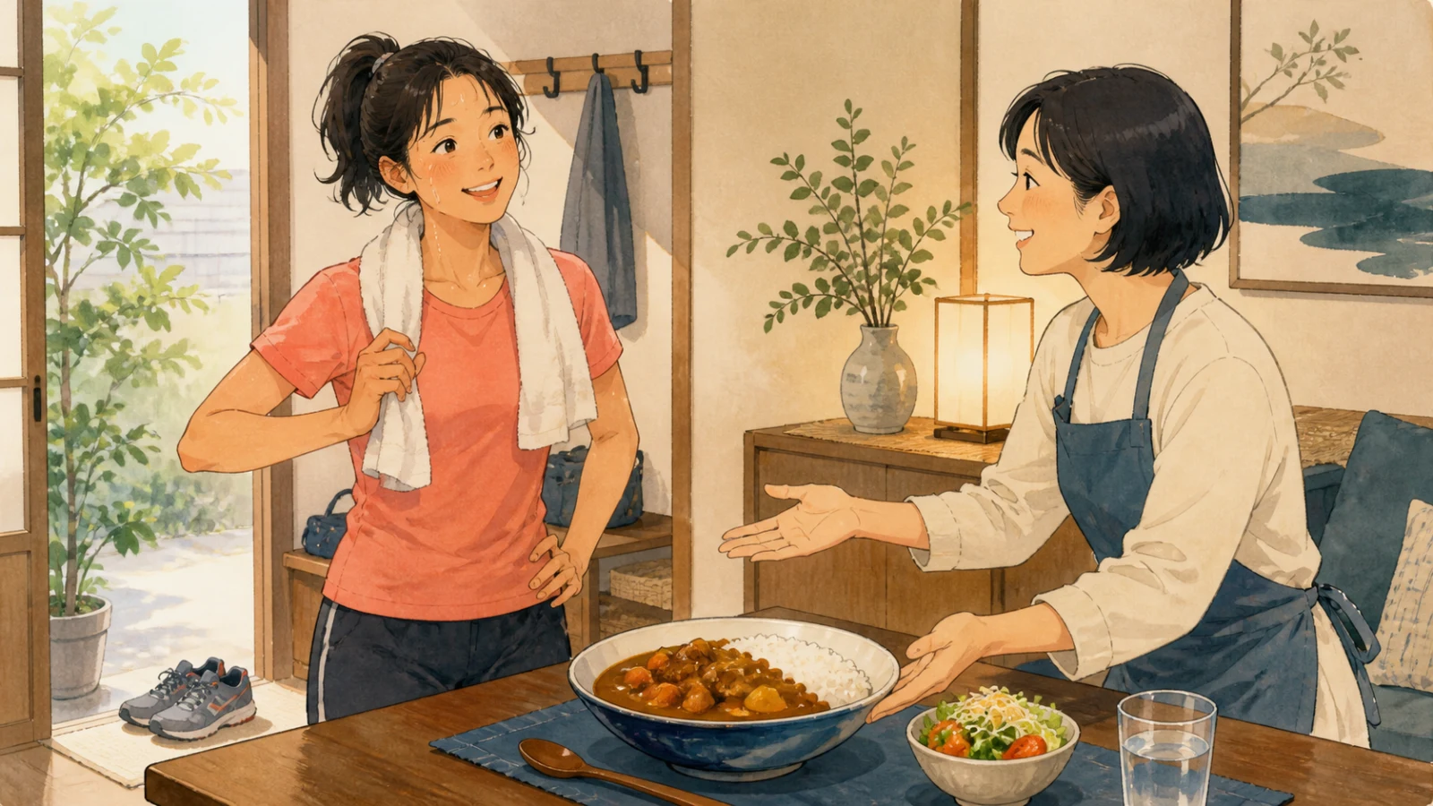 ジョギングから帰った人を迎え、カレーライスを勧める家族のイラスト