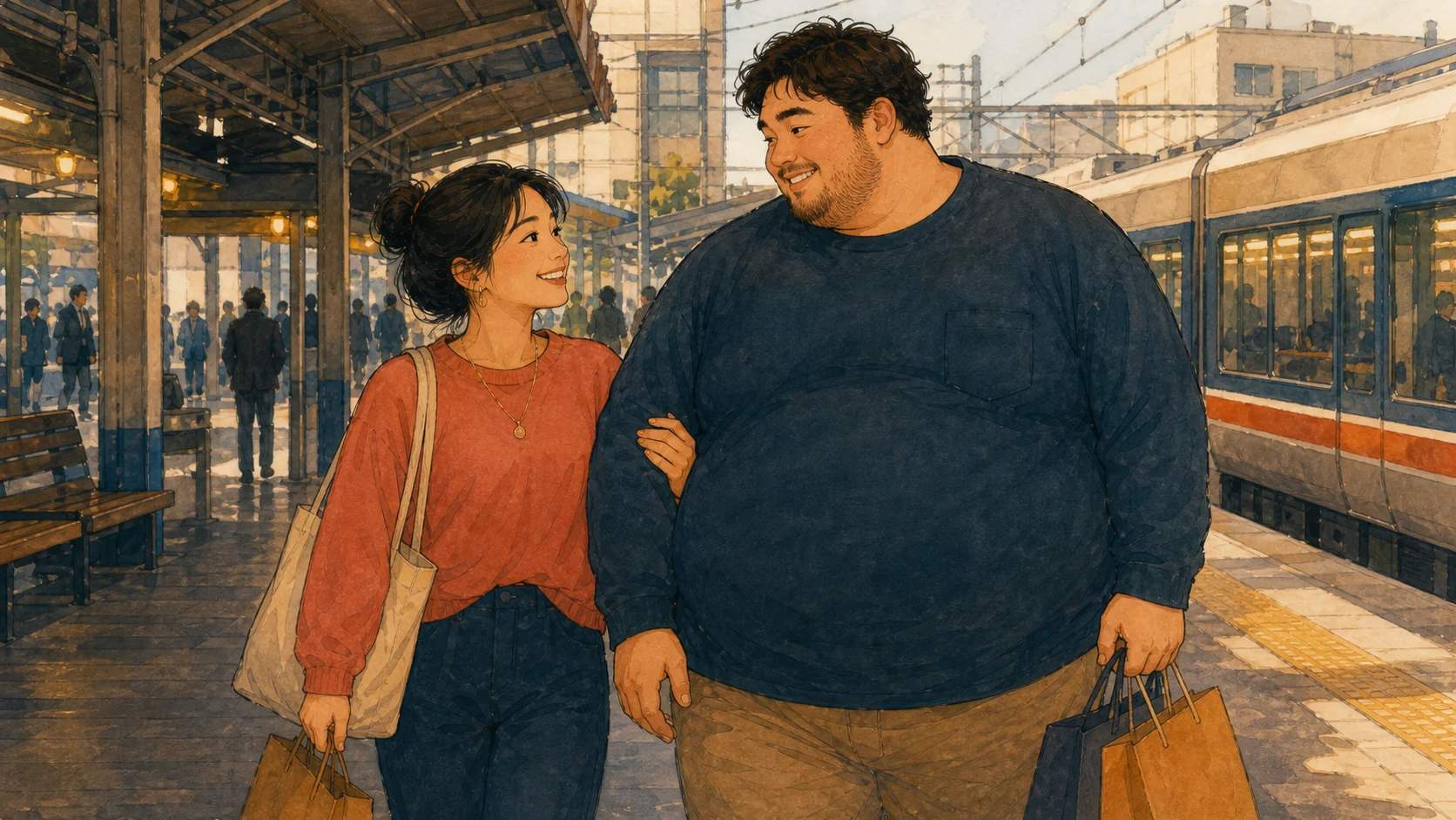 体重約100キロの優しい男性と、駅で待ち合わせてデートへ向かう女性のイラスト