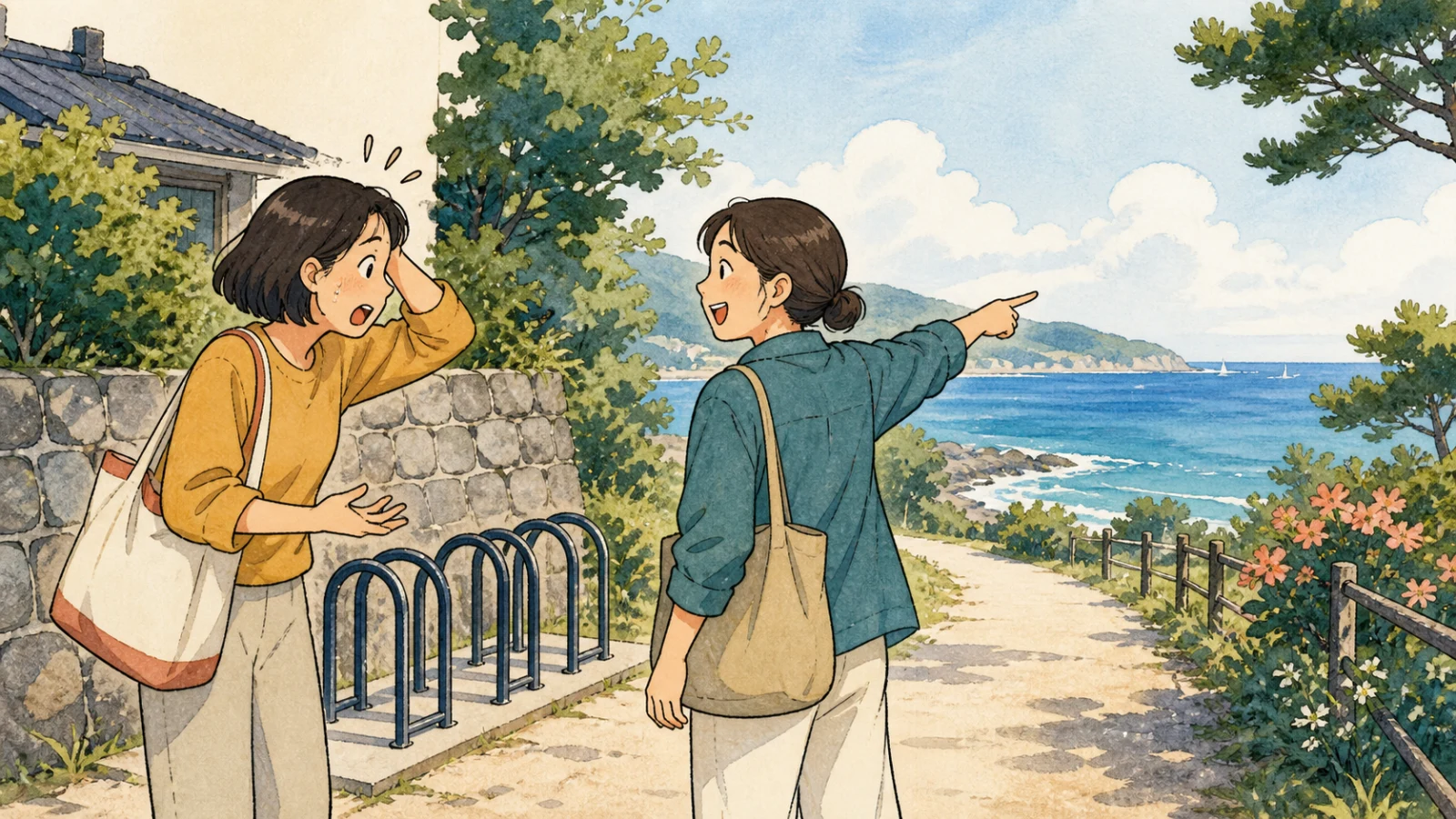 海までの道を教えてもらったあと、自転車がないことに気づく二人のイラスト