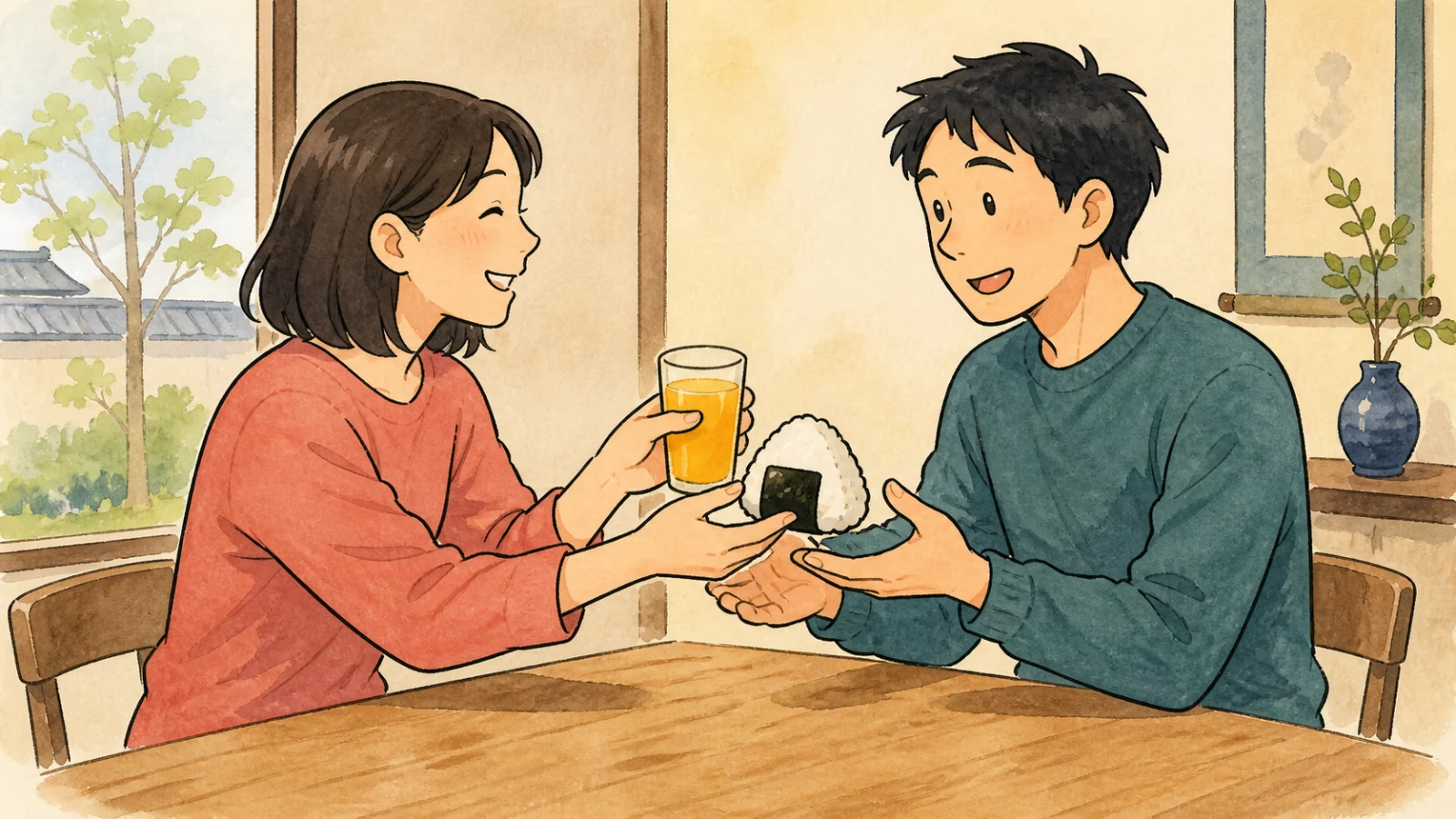 おなかとのどが渇いた友人に、おにぎりとジュースを渡す人のイラスト