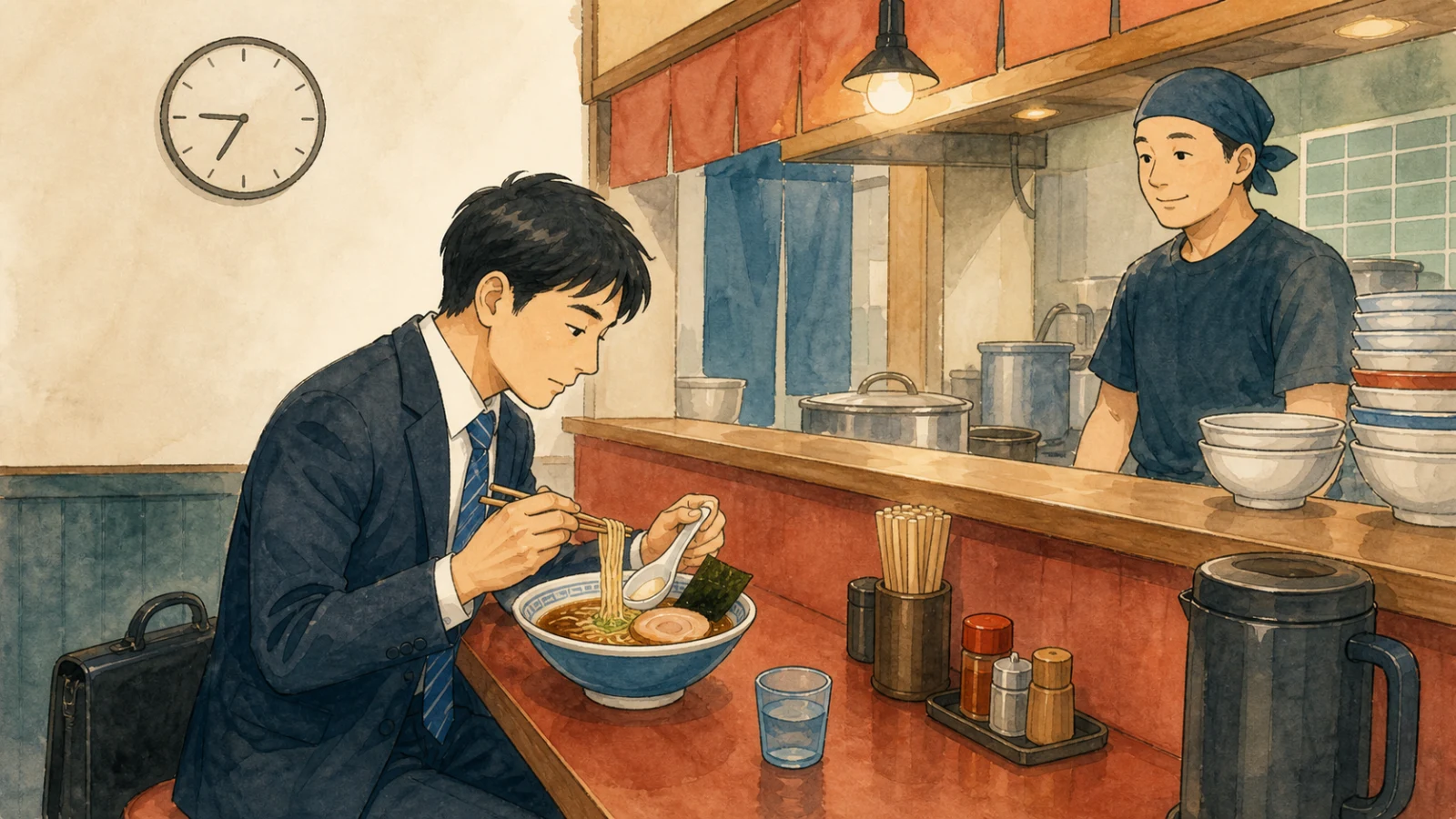 昼休みに小さなラーメン屋でしょうゆラーメンを急いで食べる会社員のイラスト