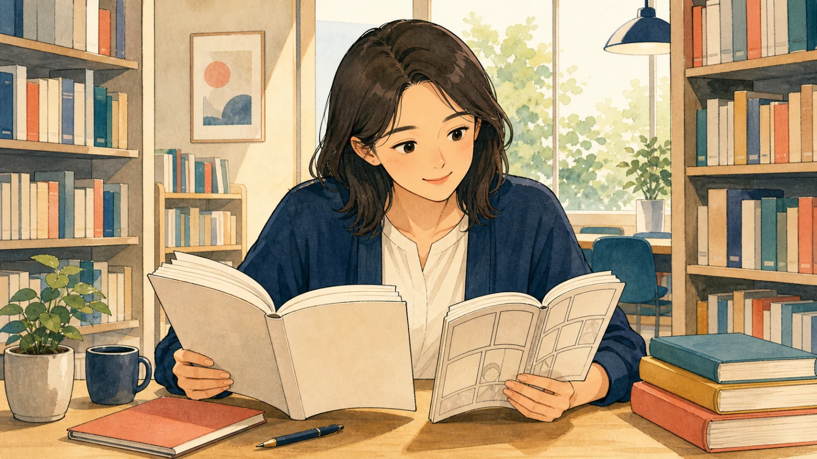 図書館で教科書と漫画を読みながら日本語を勉強する学習者のイラスト
